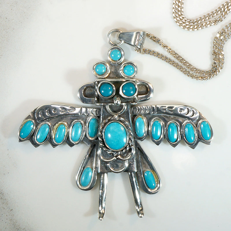 Fantastical Winged Figure Sterling & Turquoise Necklace