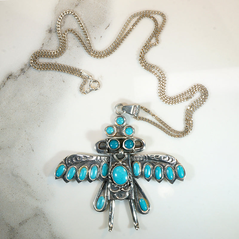 Fantastical Winged Figure Sterling & Turquoise Necklace