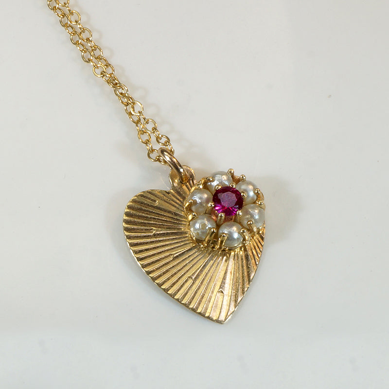 Hearts & Flowers Gold Ruby & Pearl Pendant