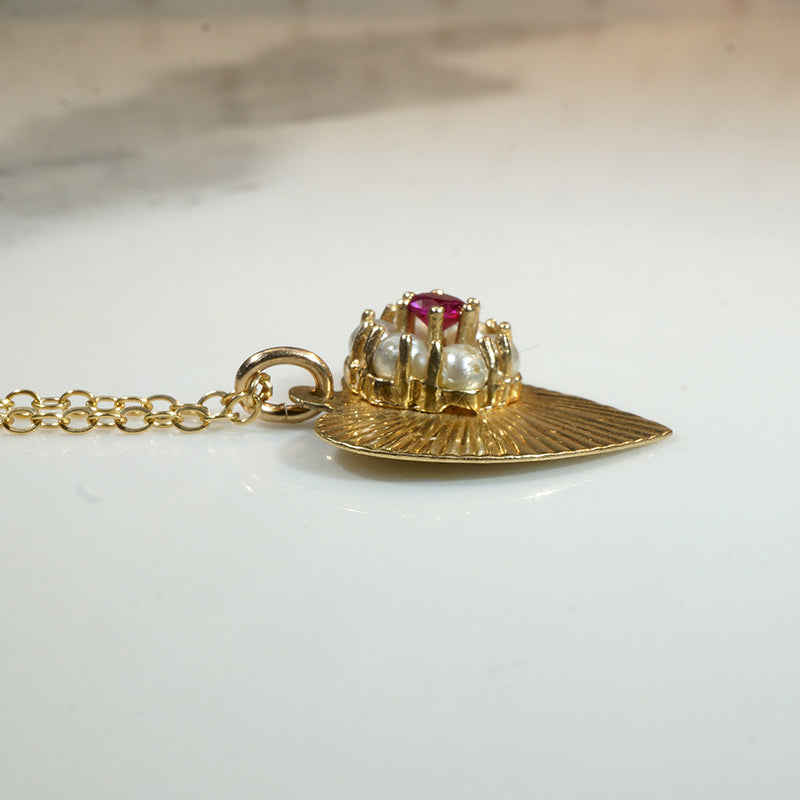 Hearts & Flowers Gold Ruby & Pearl Pendant