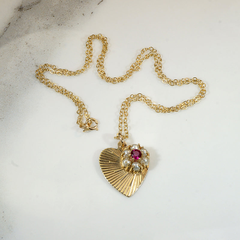 Hearts & Flowers Gold Ruby & Pearl Pendant