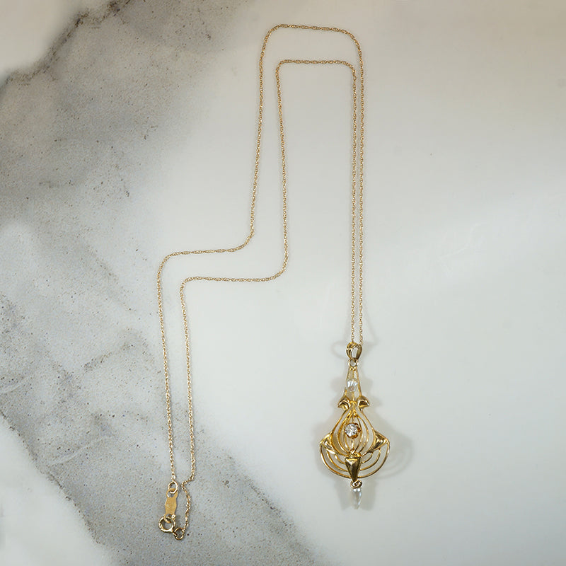 Antique Flower Pot Lavalier with Diamond & Pearls