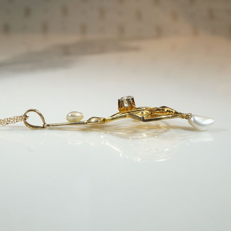 Antique Flower Pot Lavalier with Diamond & Pearls