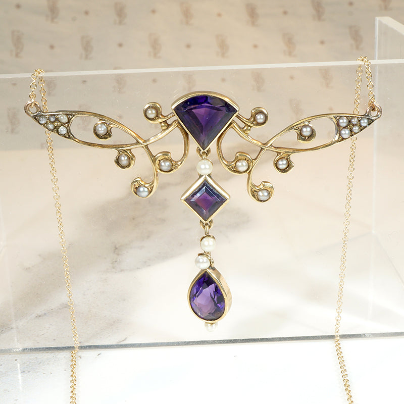 Art Nouveau Amethyst & Pearl Dragonfly Necklace