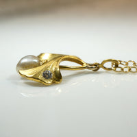 Ginko Leaf Pendant in Gold with Pearl & Diamond