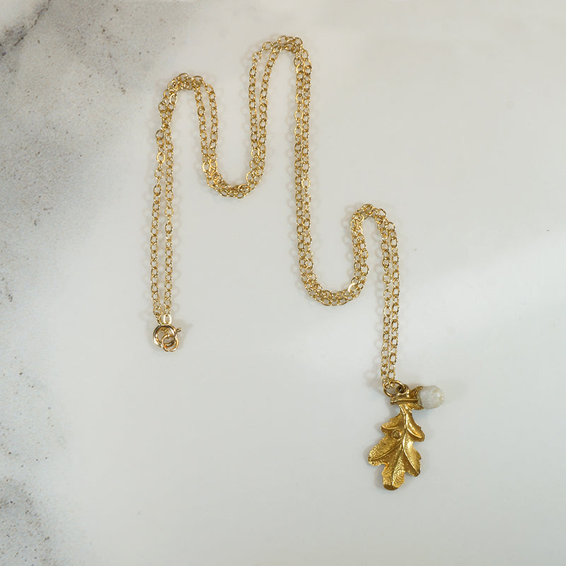 Gold Oak Leaf Pendant with Pearl Acorn