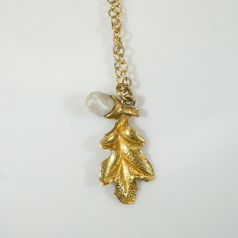 Gold Oak Leaf Pendant with Pearl Acorn