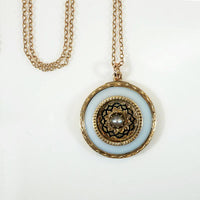 Pale Blue Agate Pendant in Engraved & Enameled Gold
