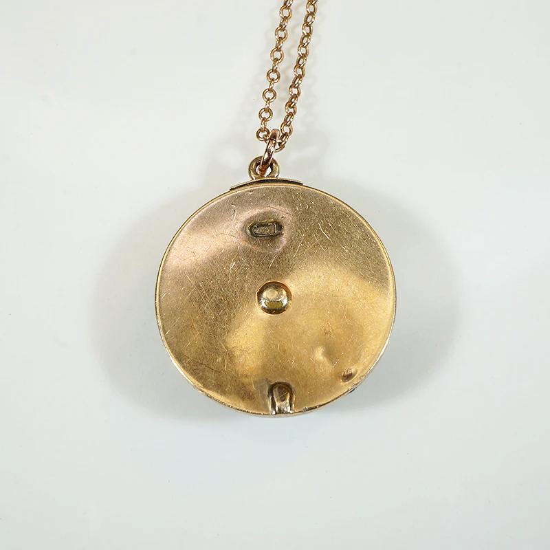 Pale Blue Agate Pendant in Engraved & Enameled Gold