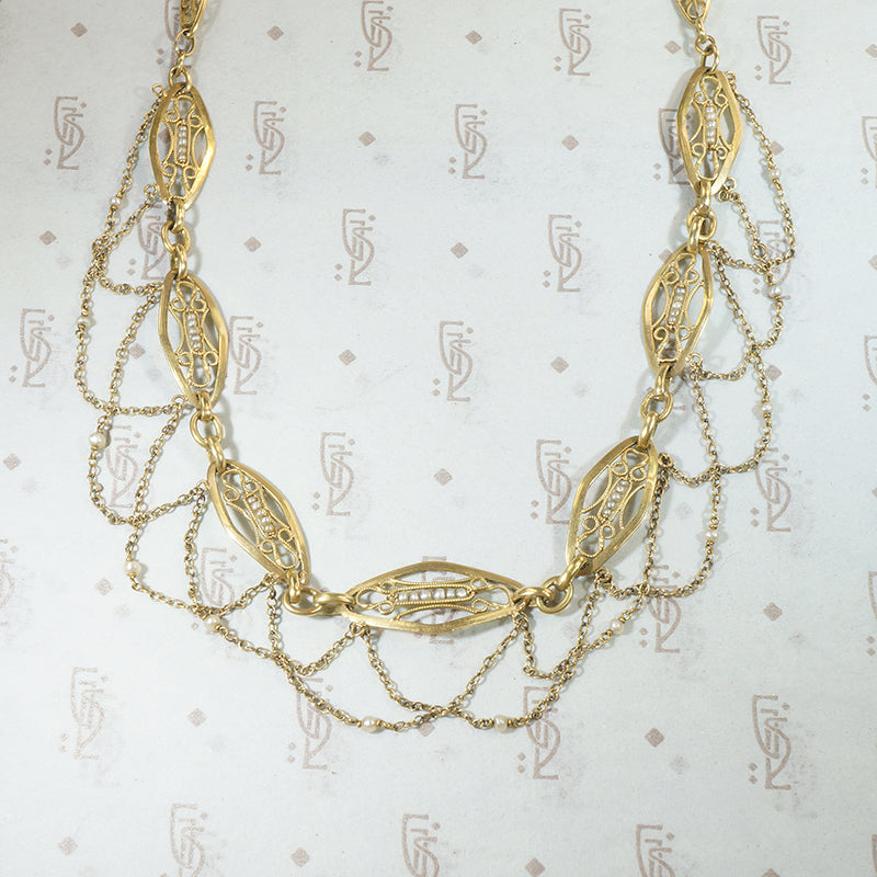 19th Century French 18k Gold Filigree & Pearl Swag Choker