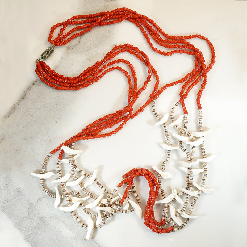 White Birds on Red Glass Bead Fetish Necklace