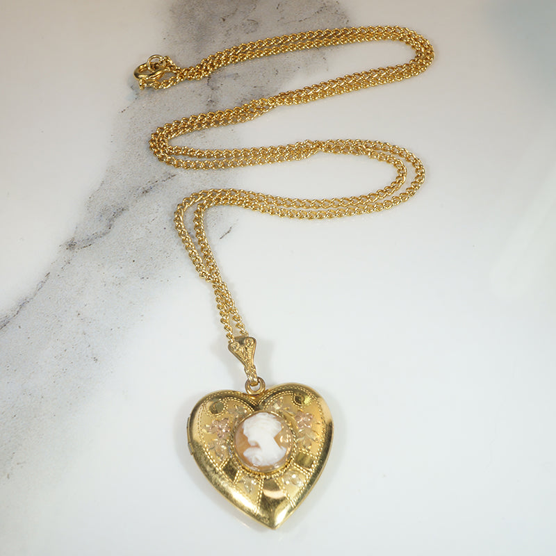 Engraved Gold Filled Heart Locket with Cameo
