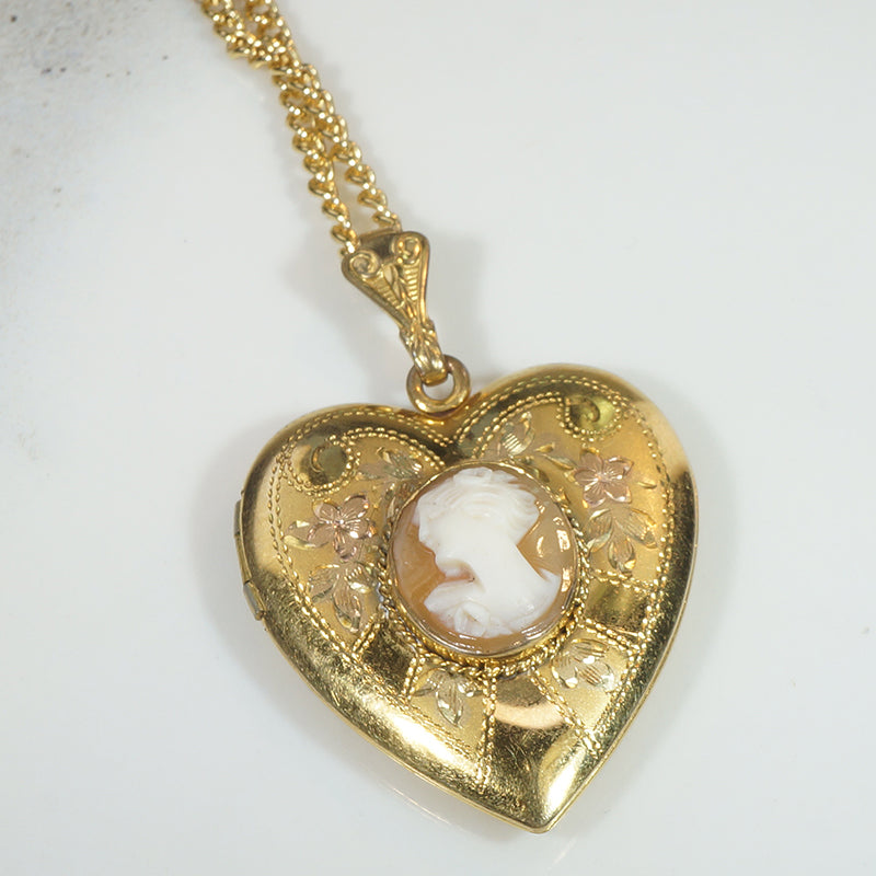 Engraved Gold Filled Heart Locket with Cameo
