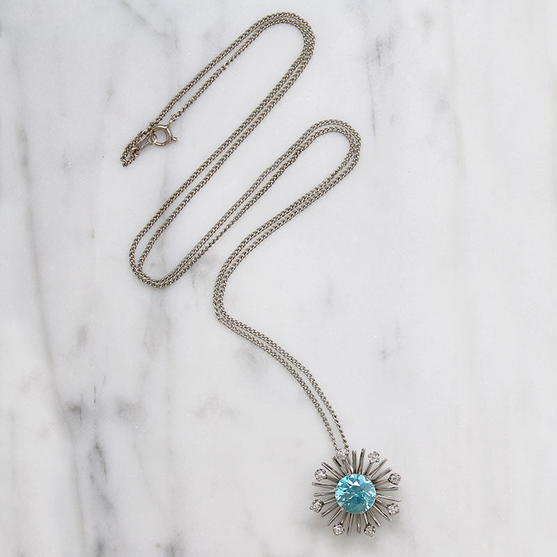 Natural Blue Zircon in Diamond-Set White Gold Pendant