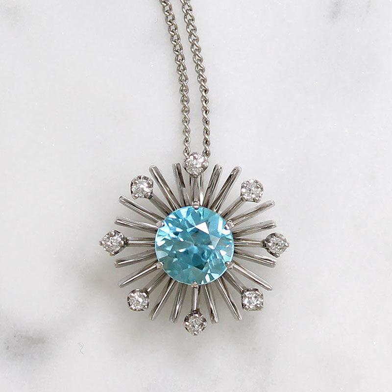 Natural Blue Zircon in Diamond-Set White Gold Pendant