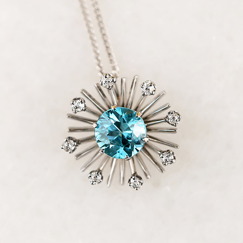 Natural Blue Zircon n Diamond-Set White Gold Pendant