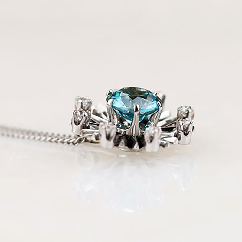 Natural Blue Zircon n Diamond-Set White Gold Pendant