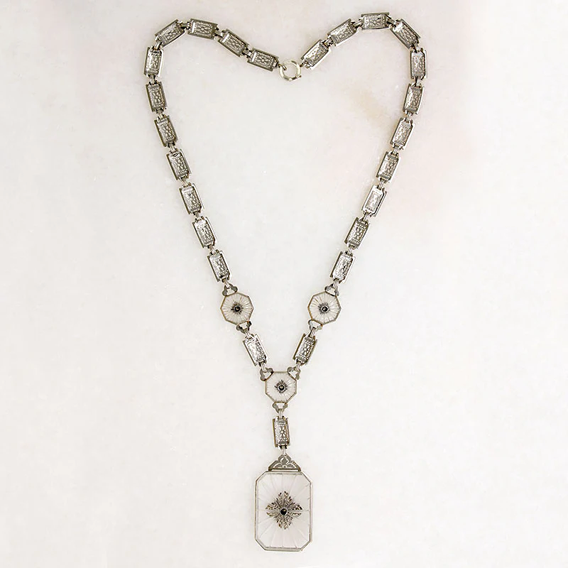 Outstanding Camphor Glass & Diamond Filigree Necklace