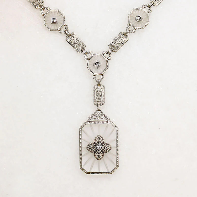 Outstanding Camphor Glass & Diamond Filigree Necklace