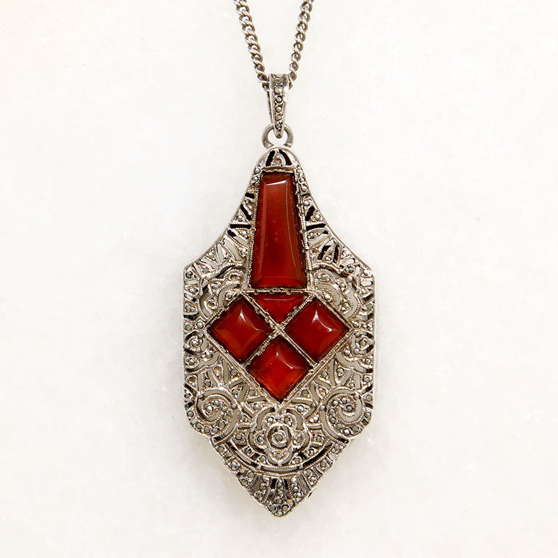 French Carnelian & Marcasite Lorgnette Necklace