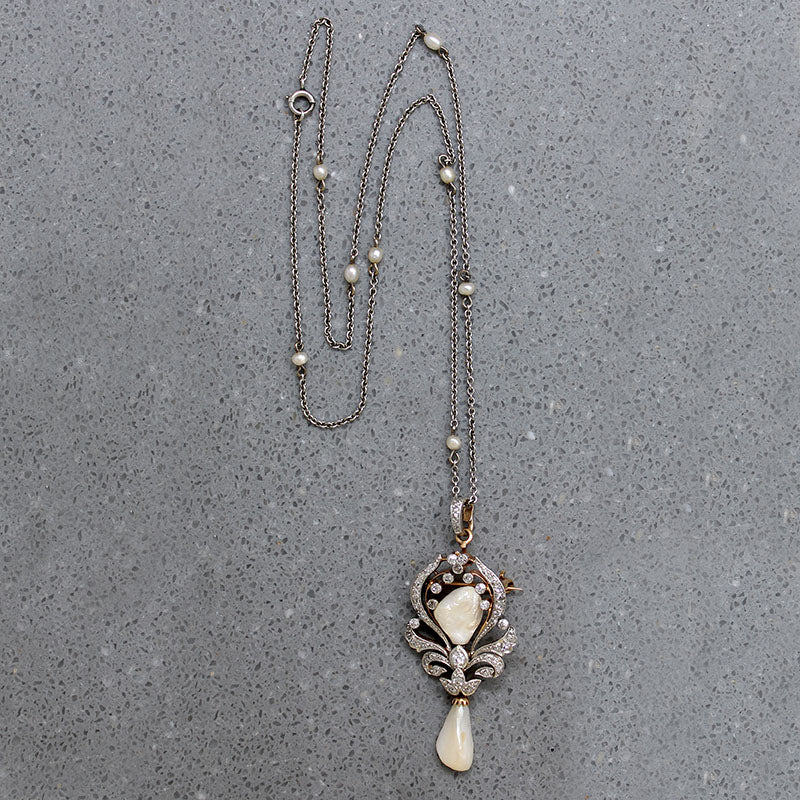 Old Mine Cut Diamonds & Pearls Dreamy Belle Epoch Necklace
