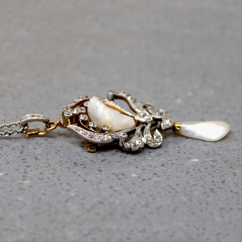 Old Mine Cut Diamonds & Pearls Dreamy Belle Epoch Necklace