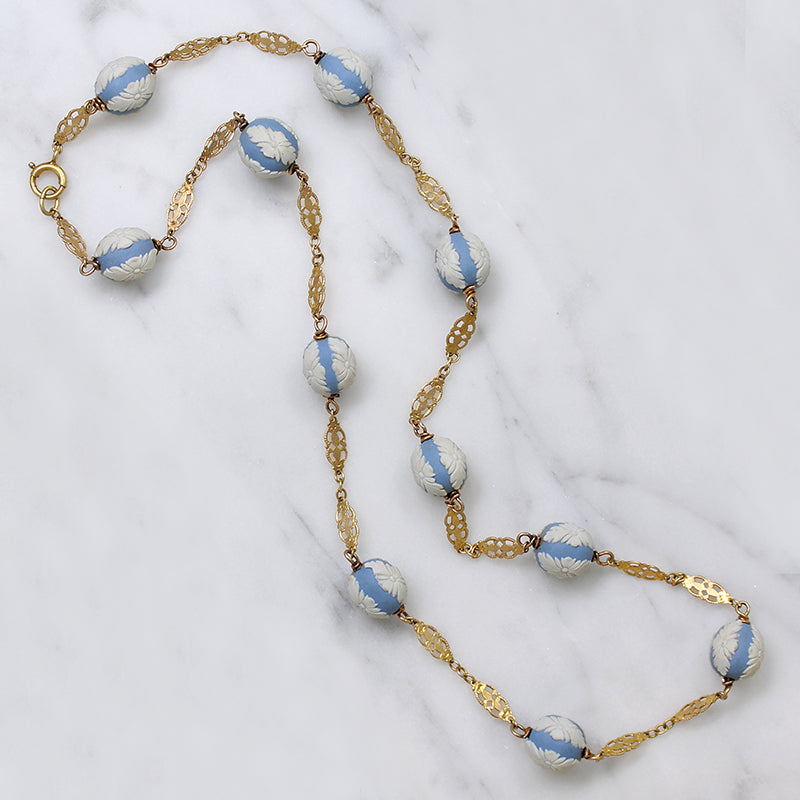Wedgwood Beads on Ornate Gold Link Necklace