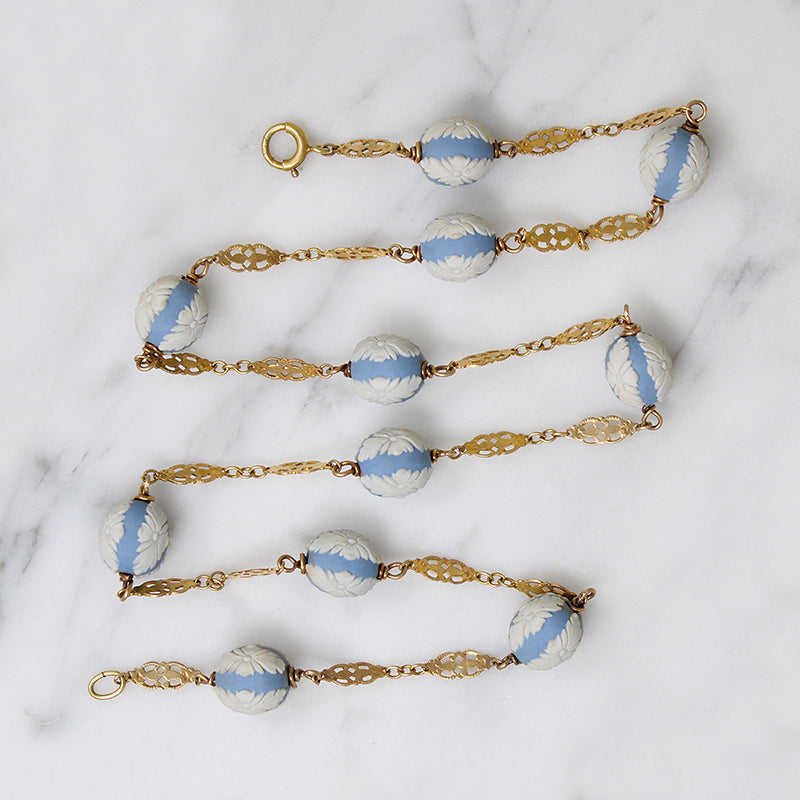 Wedgwood Beads on Ornate Gold Link Necklace