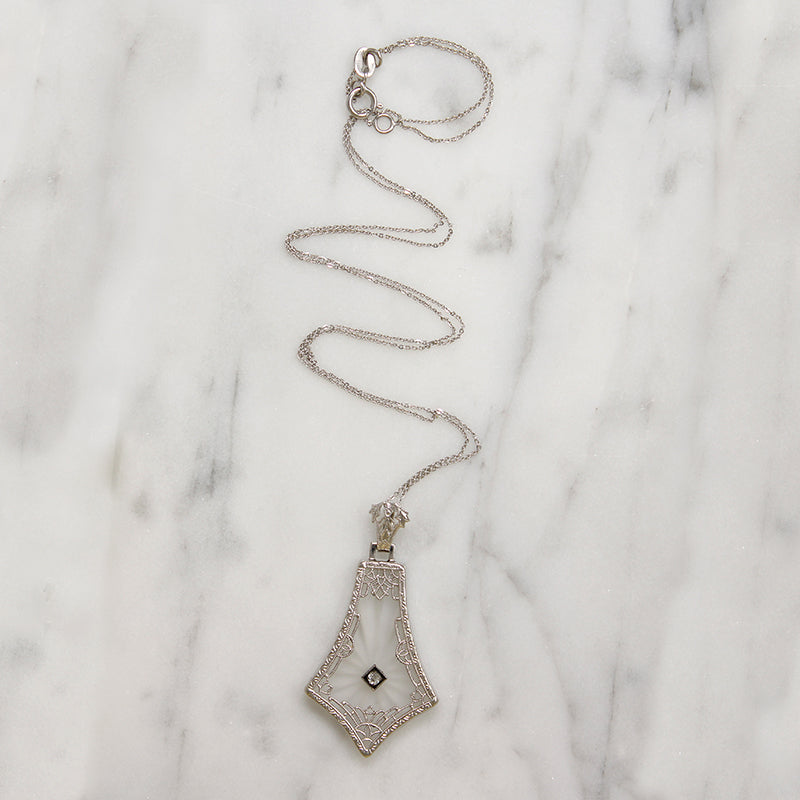 Kite-Shaped Camphor Glass in White Gold Filigree Necklace