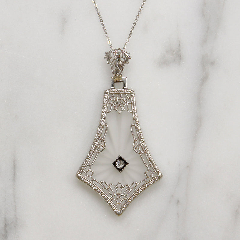 Kite-Shaped Camphor Glass in White Gold Filigree Necklace