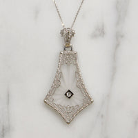 Kite-Shaped Camphor Glass in White Gold Filigree Necklace