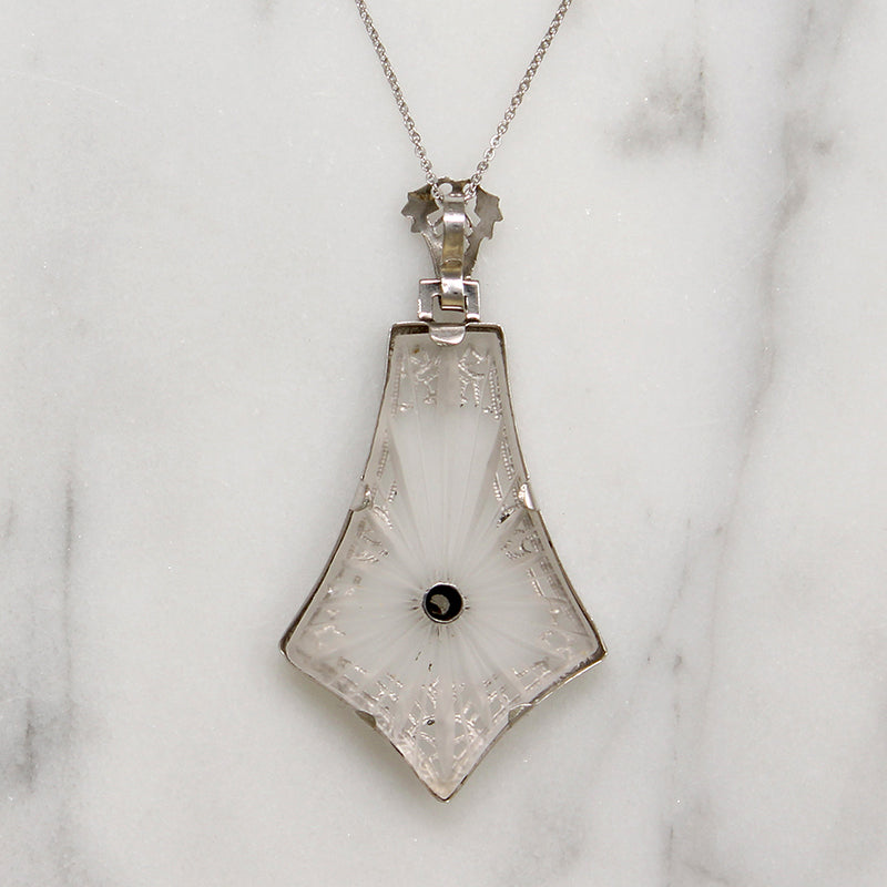 Kite-Shaped Camphor Glass in White Gold Filigree Necklace