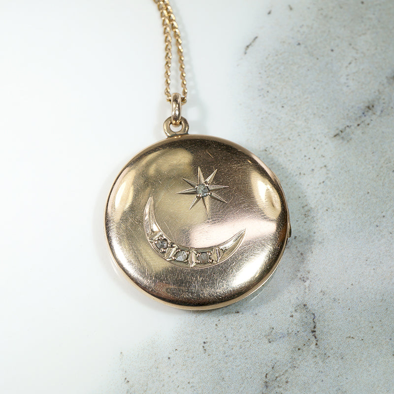 Celestial Crescent Moon & Star Rose Cut Diamond Locket