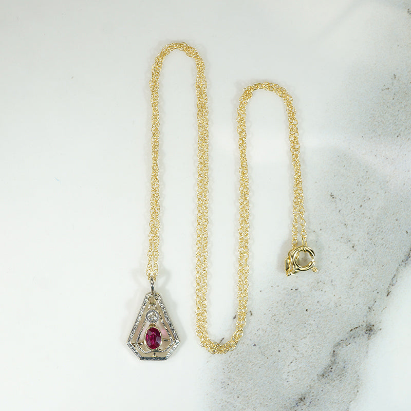 Pretty Engraved Two-Tone Gold Pendant with Ruby & Diamond