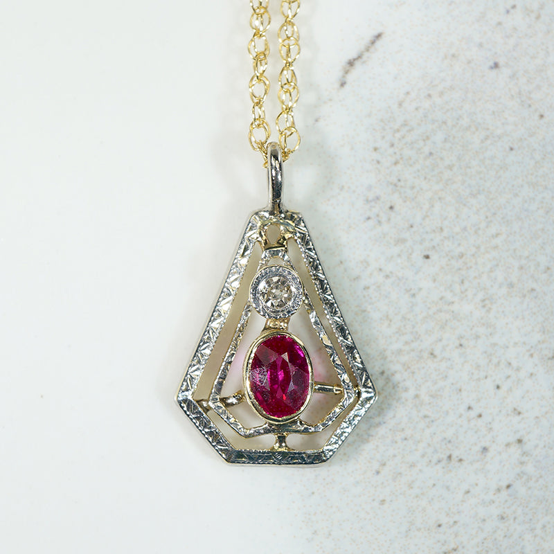 Pretty Engraved Two-Tone Gold Pendant with Ruby & Diamond