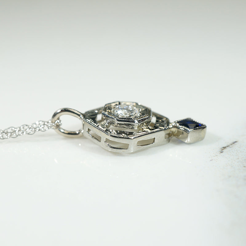 Art Deco Engraved White Gold Diamond & Sapphire Necklace