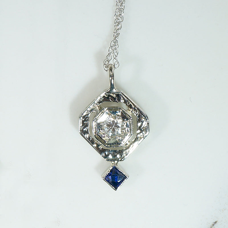 Art Deco Engraved White Gold Diamond & Sapphire Necklace