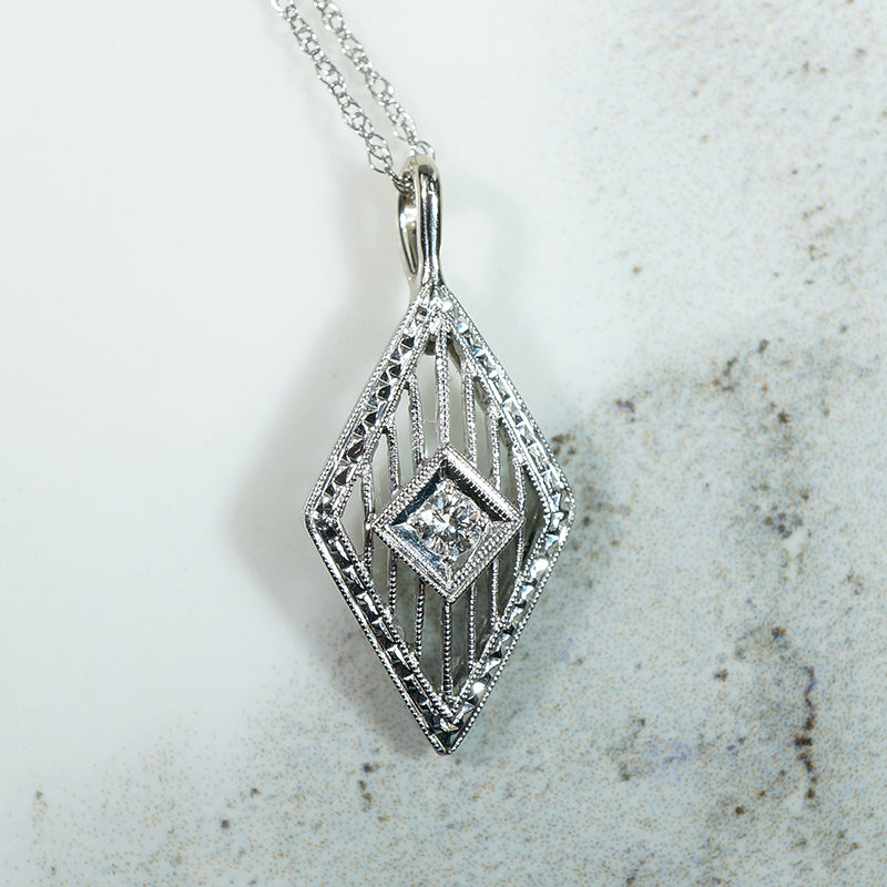 Filigreed & Engraved White Gold & Diamond Pendant