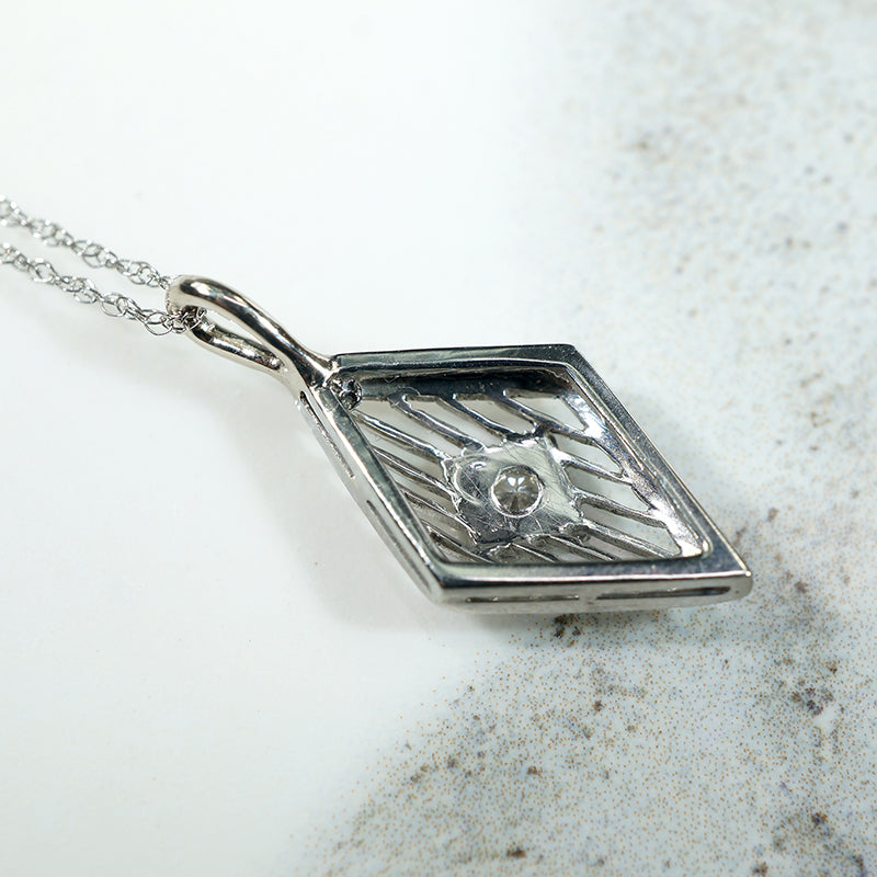 Filigreed & Engraved White Gold & Diamond Pendant