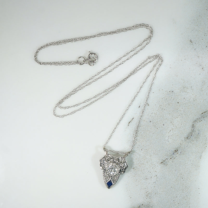 Fanciful Filigree Diamond & Sapphire in White Gold Necklace