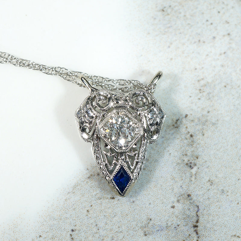 Fanciful Filigree Diamond & Sapphire in White Gold Necklace