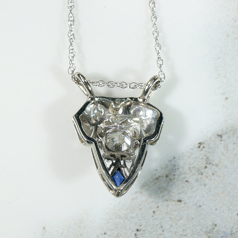 Fanciful Filigree Diamond & Sapphire in White Gold Necklace