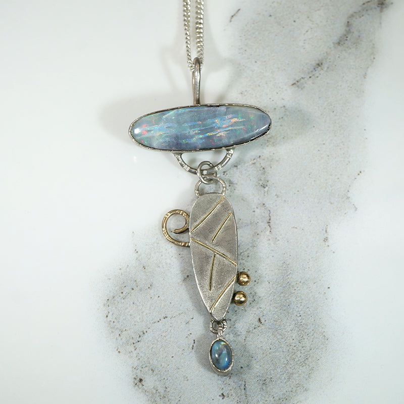 Sterling & Opal Necklace with Gold Accents Signed Bluejacket