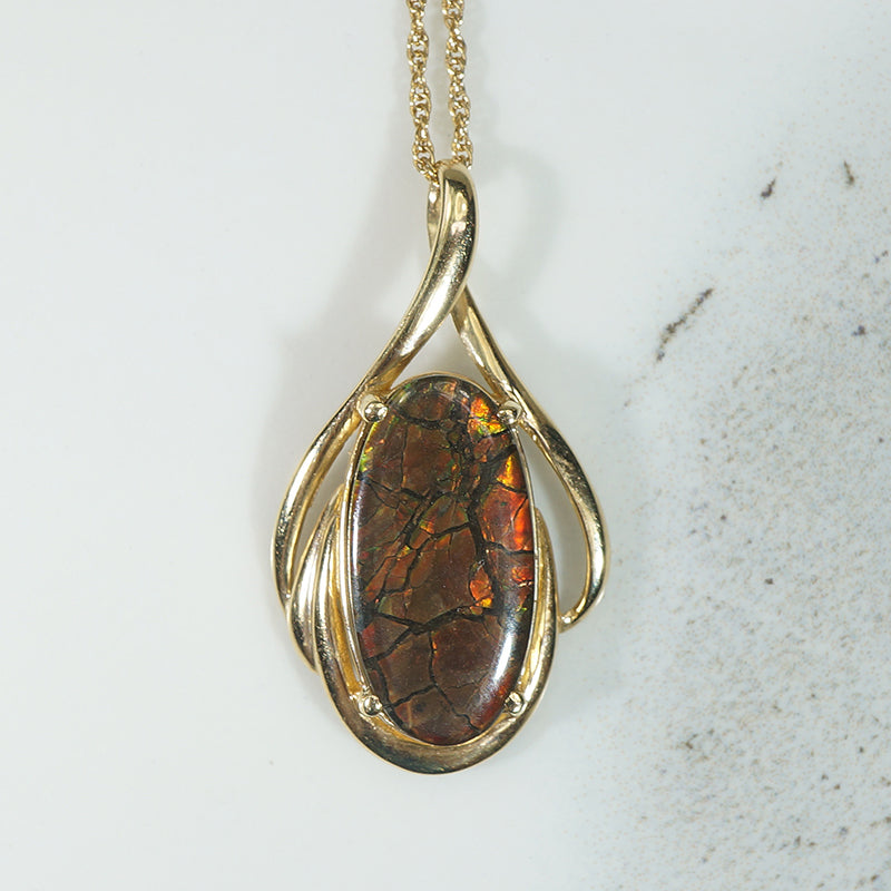 Fiery Ammolite in 14k Gold Estate Pendant