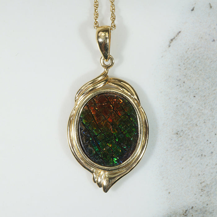 Rainbow Dragon Scales Ammolite & Gold Pendant
