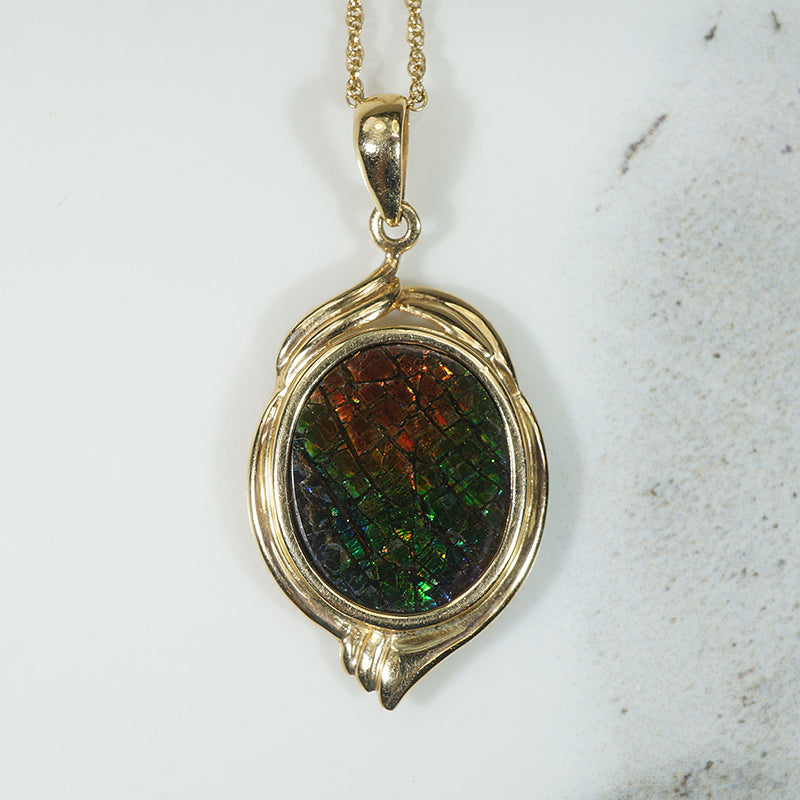 Rainbow Dragon Scales Ammolite & Gold Pendant