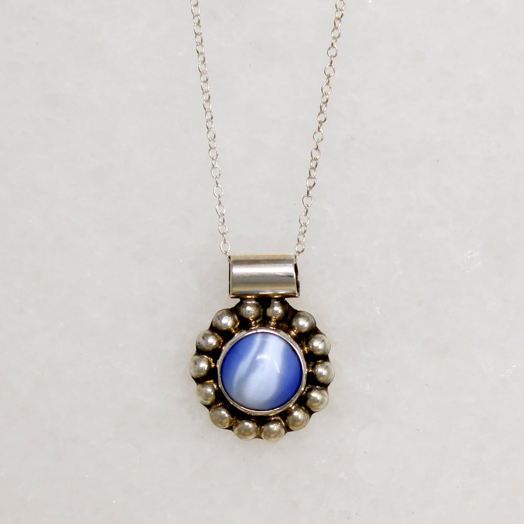 Cheerful Blue Art Glass in Silver Petaled Pendant