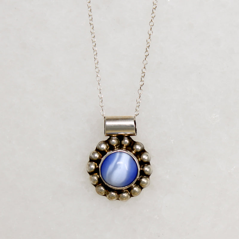 Cheerful Blue Art Glass in Silver Petaled Pendant