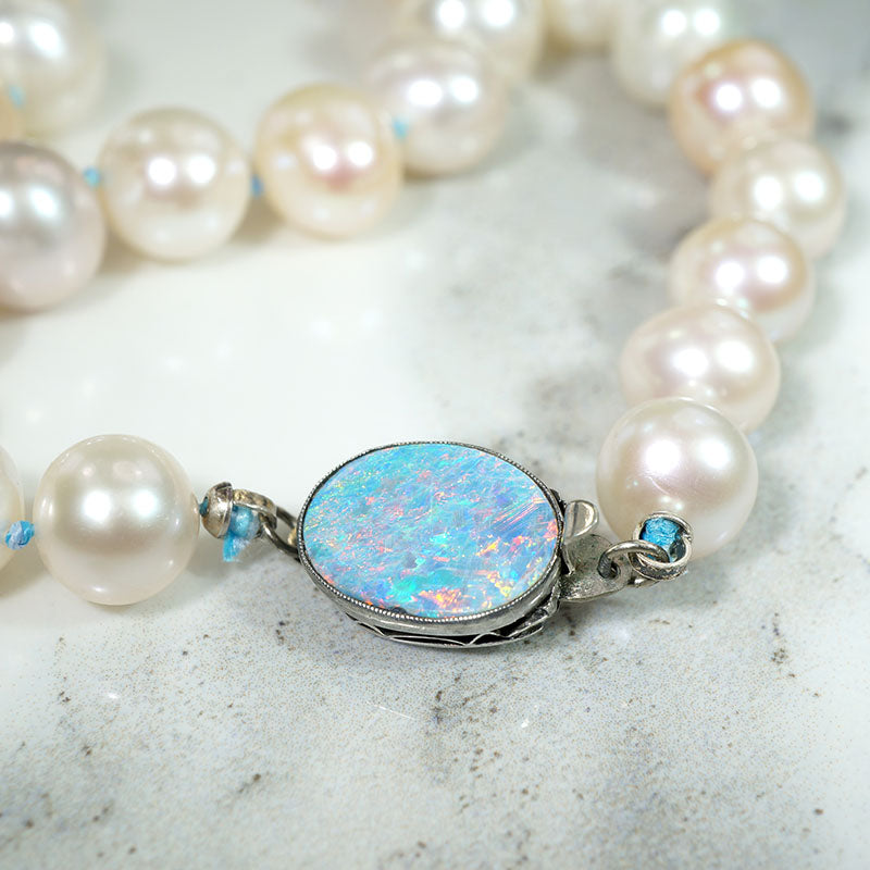 Pastel Pearls on Blue Silk with Opal Clasp