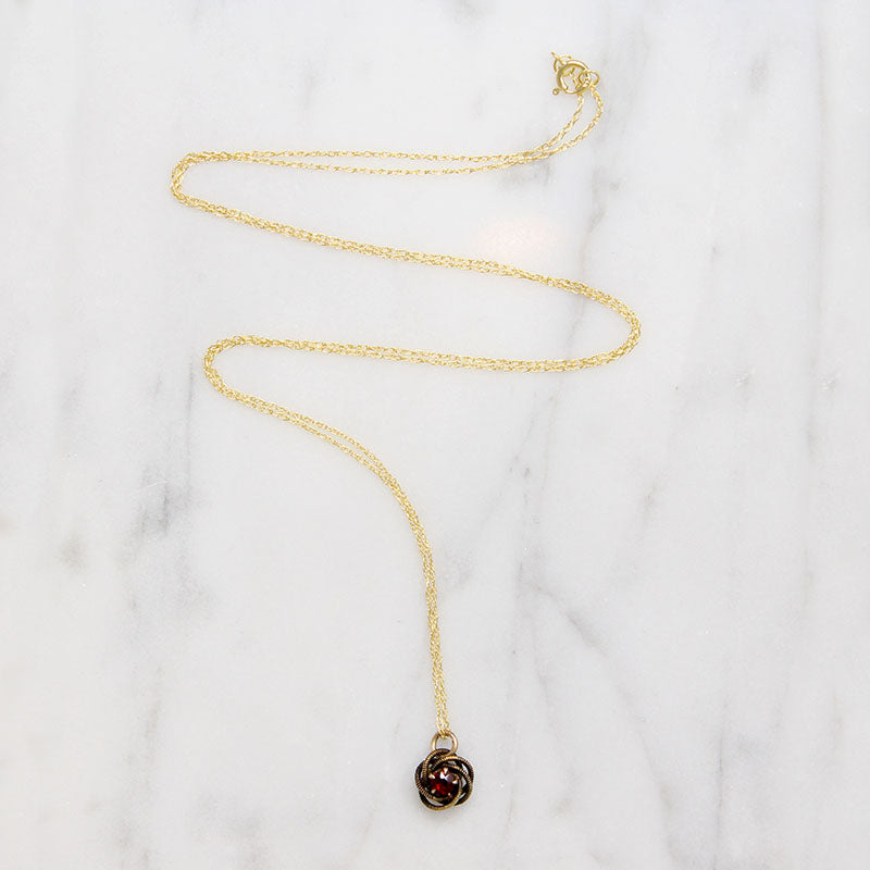 Engraved Gold & Garnet Love Knot Necklace